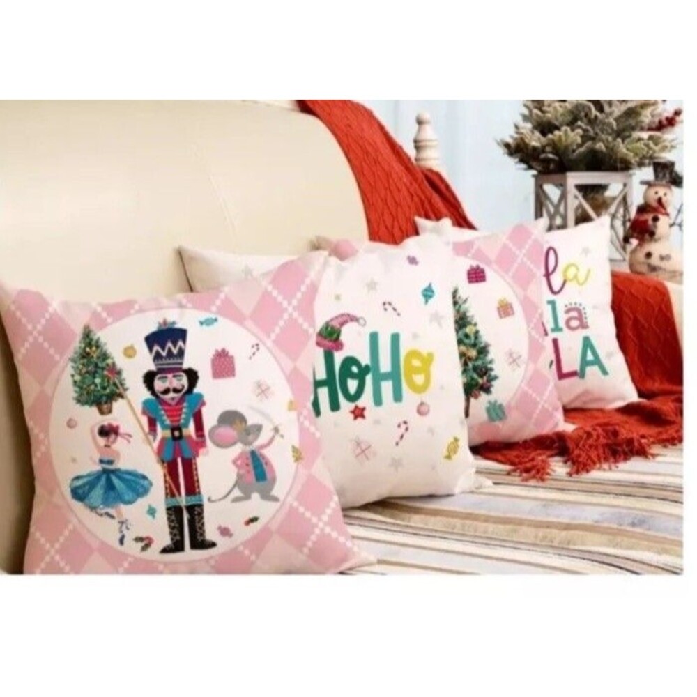 Christmas Pillow Covers 15 x 15 Inch Set of 4 Pink Diamond Nutcracker Tree Pink